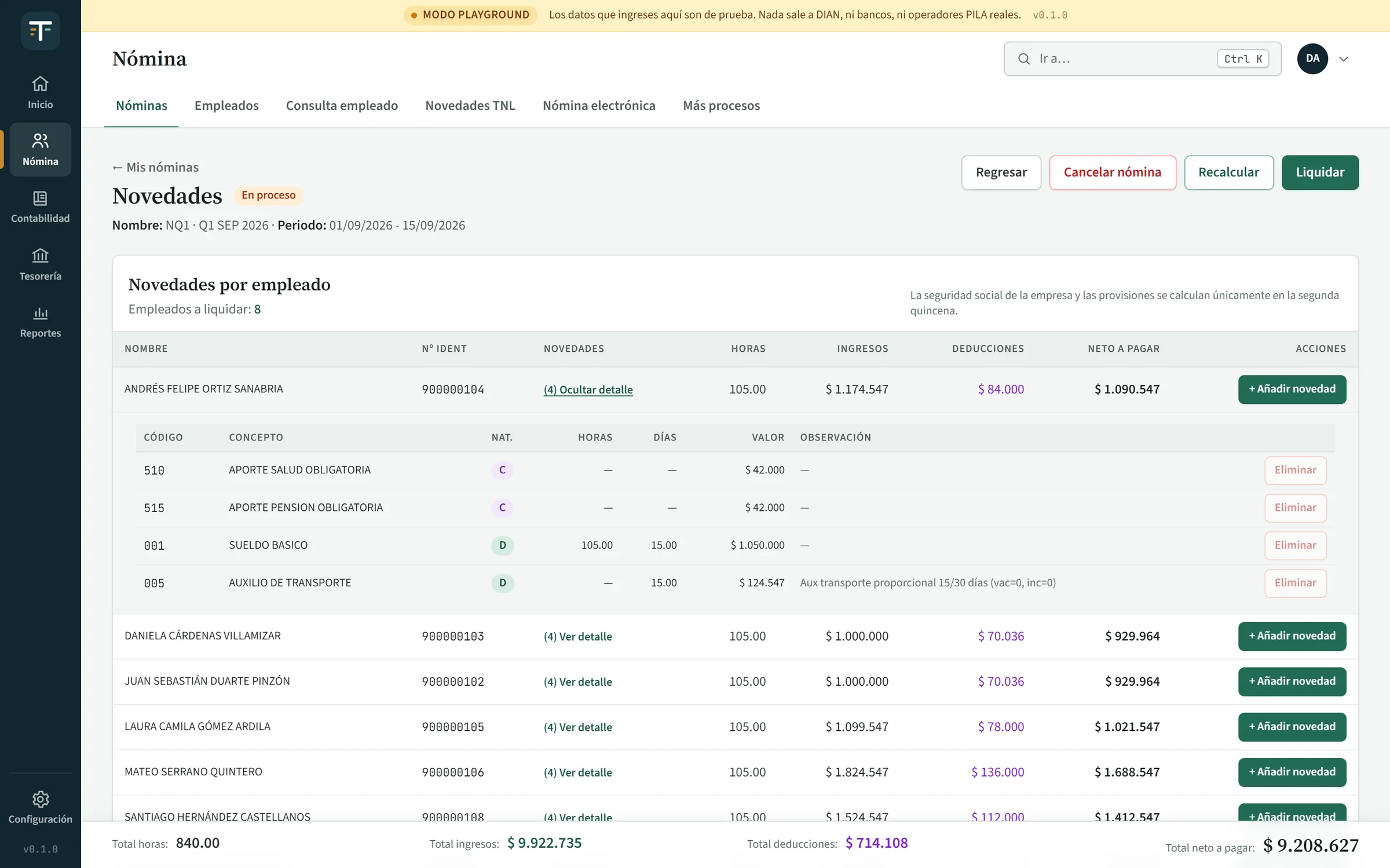 Live draft of the first September fortnight in the ledger-style interface: section rail and tabs, eight employees with hours, earnings, deductions and net pay, one row expanded into its concept lines and the totals pinned at the bottom.