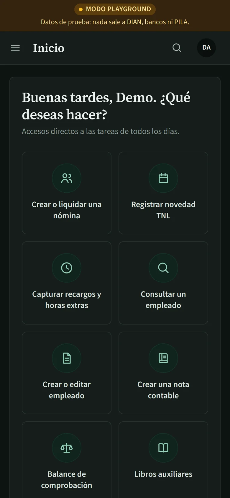 The home screen on a phone, in the dark theme: shortcuts to the day's tasks.